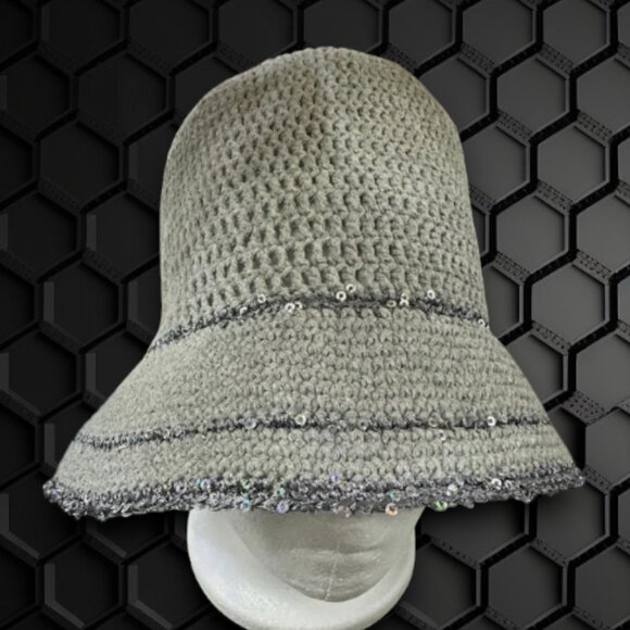 Handmade Crochet Gray Bucket Hat with Sparkling Sequin Trim - Picture 4 of 9